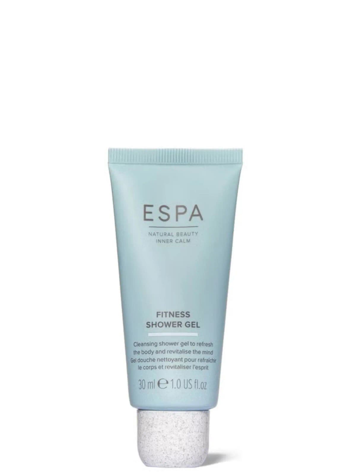 ESPA Fitness Shower Gel 30ml in a pale aqua tube with speckled white cap on white background