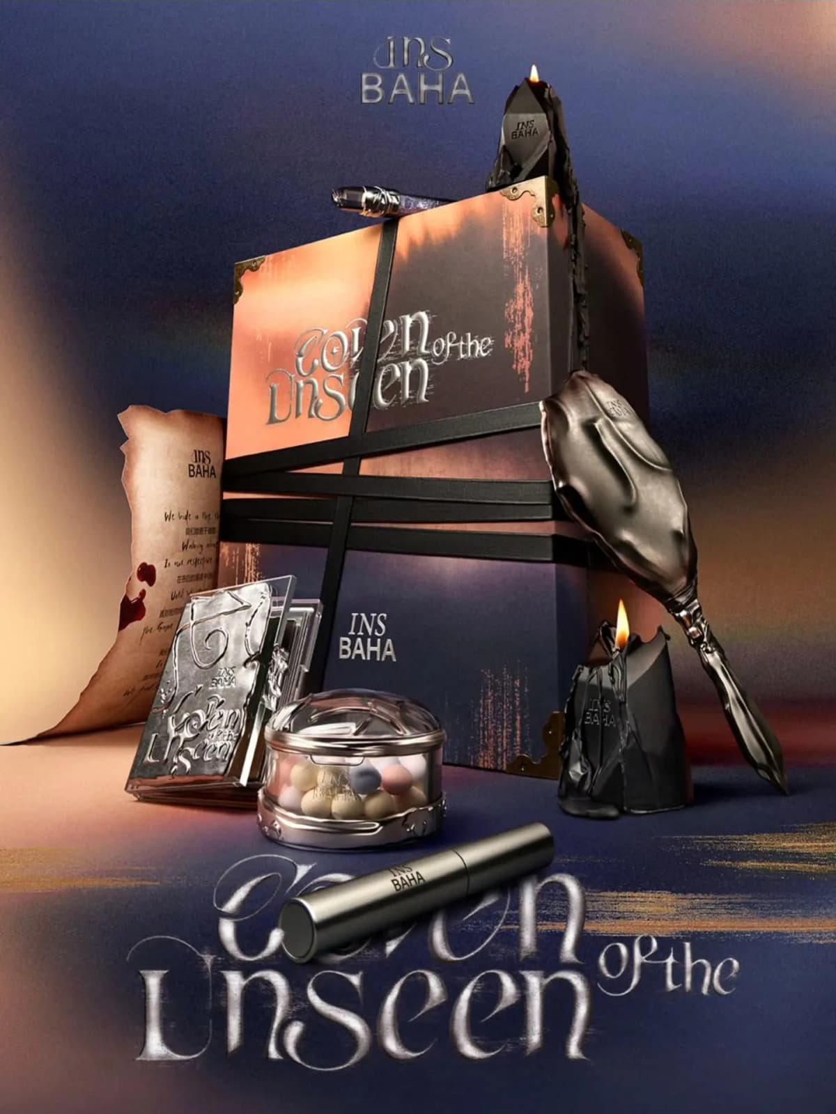 INSBAHA Coven of the Unseen PR box in gunmetal and copper tones with black wax candles, a scroll, powder pearls and lipstick