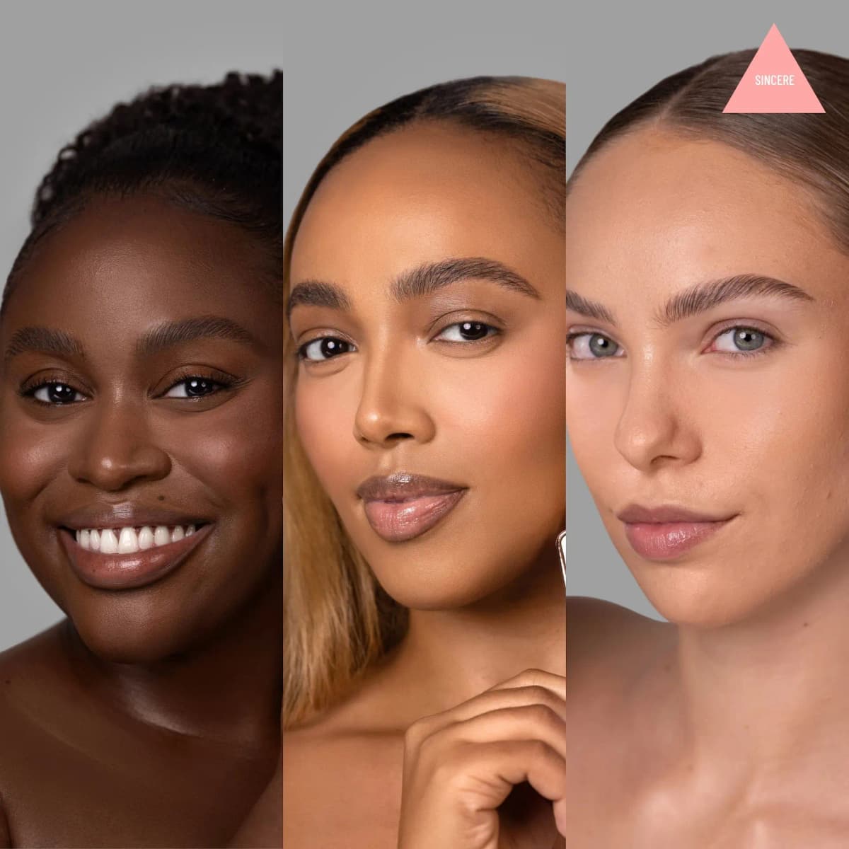 Three models with deep, medium and fair skin show soft-focus complexions, with a pink Sincere triangle label in the corner