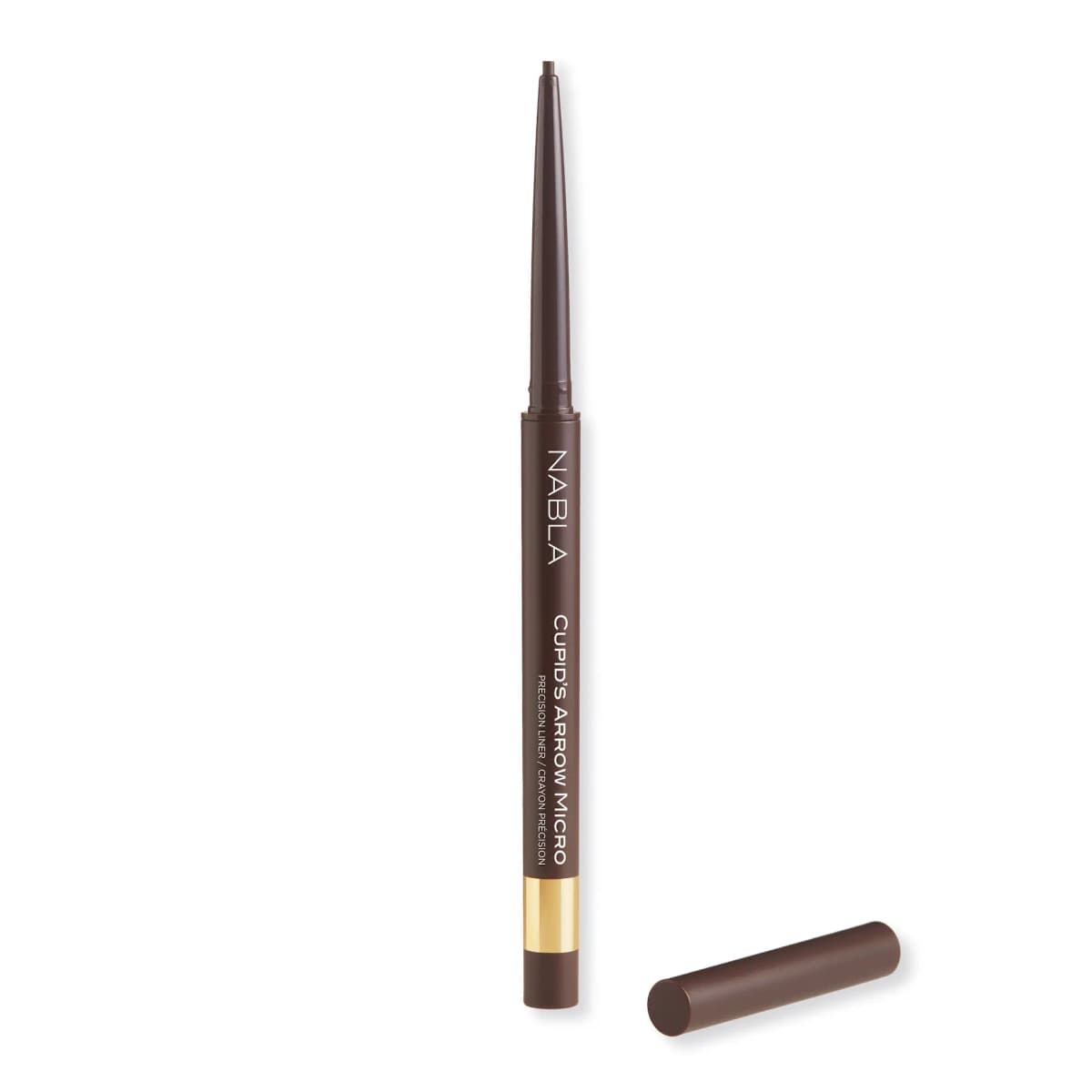 NABLA Cupid's Arrow Micro pencil in Truffle, a matte deep-brown barrel with gold band beside its cap.