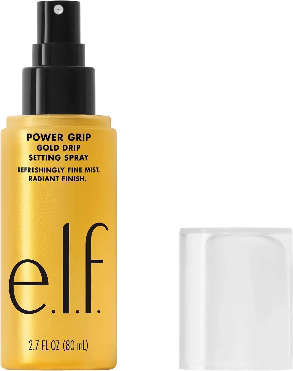 Power Grip Gold Drip Setting Spray in a gold 2.7 fl oz (80 ml) bottle with black pump beside a clear cap.