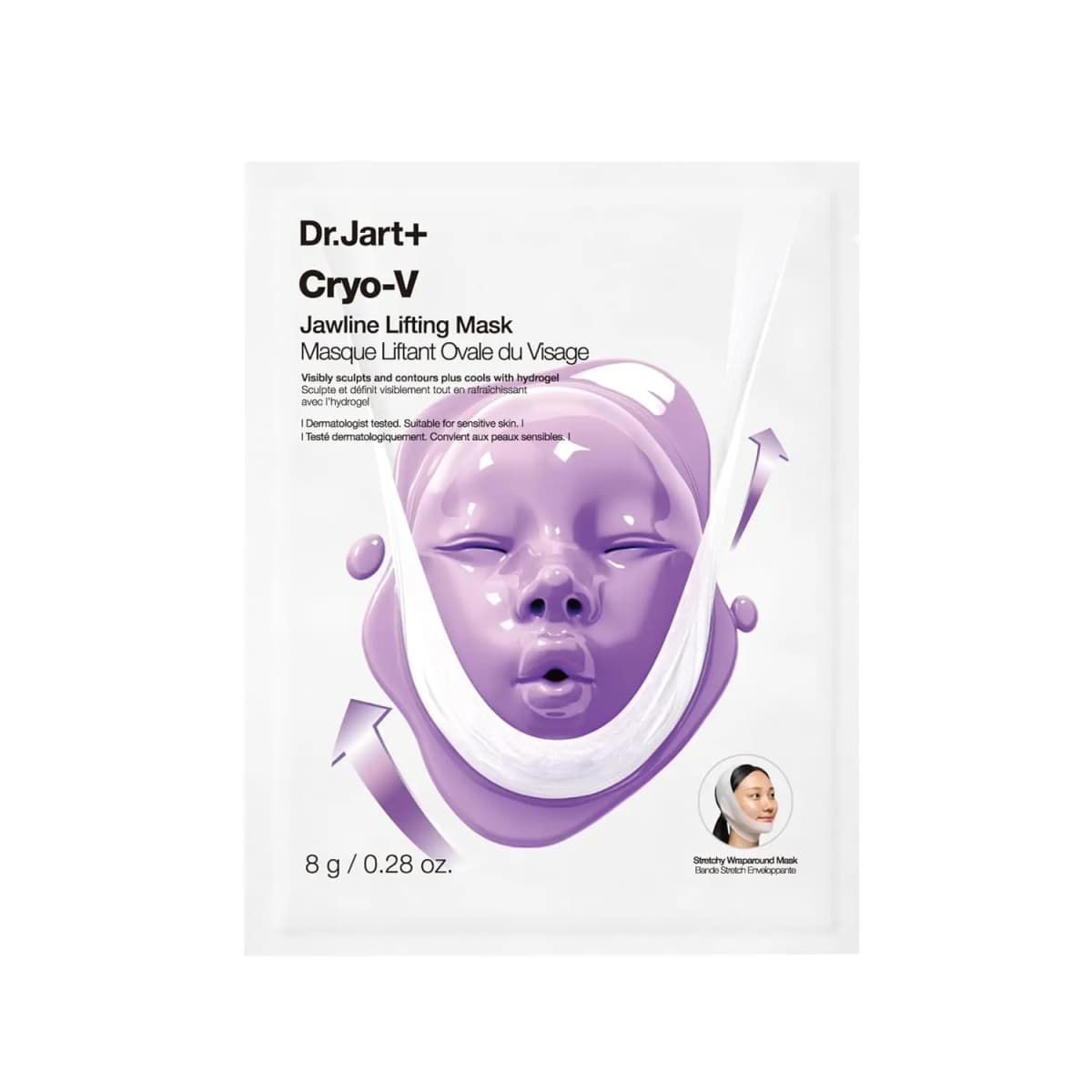 White Dr.Jart+ Cryo-V Jawline Lifting Mask sachet showing a purple sculpted face graphic and 8g size.