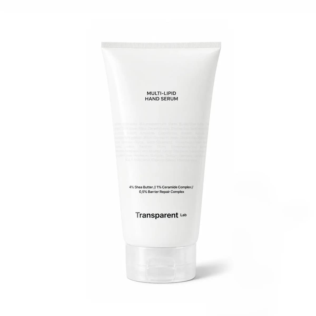 White squeeze tube of Transparent Lab Multi-Lipid Hand Serum with shea butter and ceramide complex