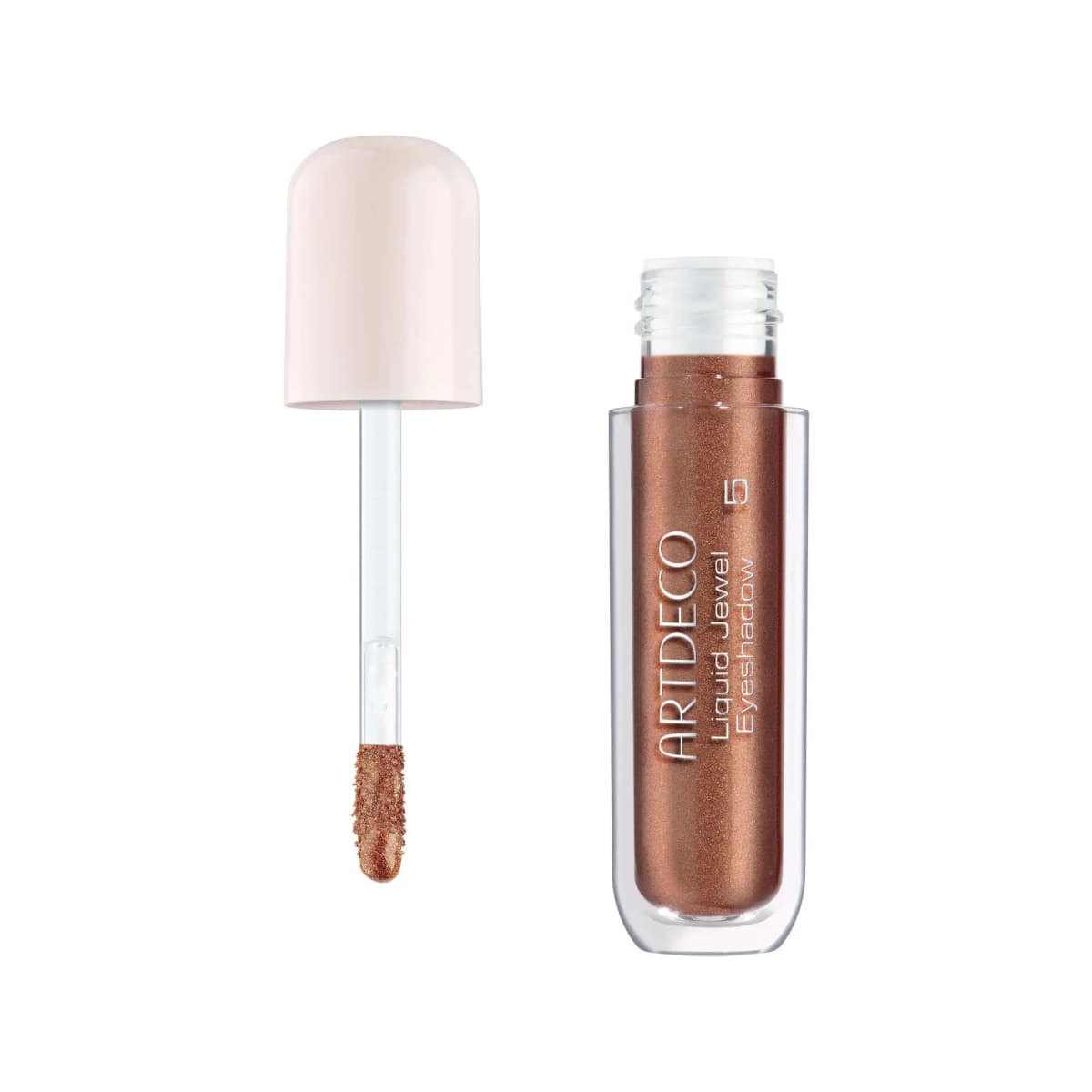 Liquid Jewel Eyeshadow shade 5 in metallic bronze-copper, open beside its pale pink cap and applicator