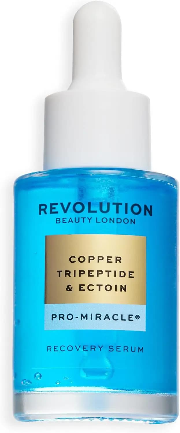 Blue Copper Tripeptide & Ectoin Recovery Serum dropper bottle with gold and light blue label