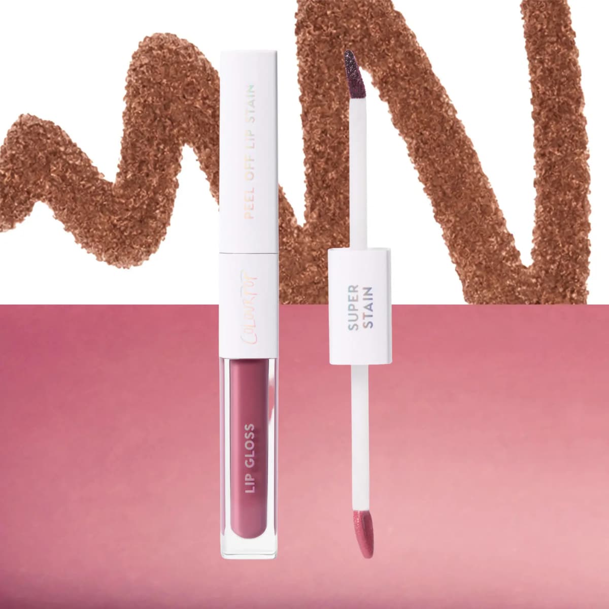 Lip duo with pinky mauve gloss and dark stain wand, set against a brown stain scribble and mauve gloss swatch