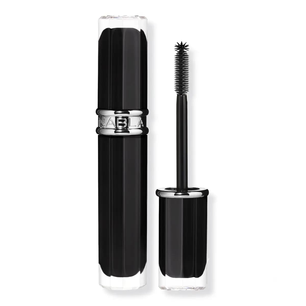 Black NABLA mascara with silver logo band, wand removed to show a bristled brush with a spiky tip