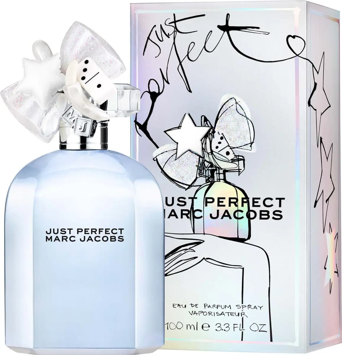 Just Perfect Marc Jacobs 100 ml eau de parfum bottle beside iridescent box with sketched bottle and star illustrations