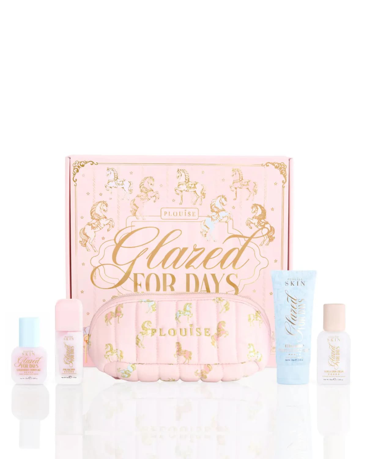 Glazed For Days skincare set with face serum, moisturiser, blue tube, eye serum and quilted carousel-print pouch