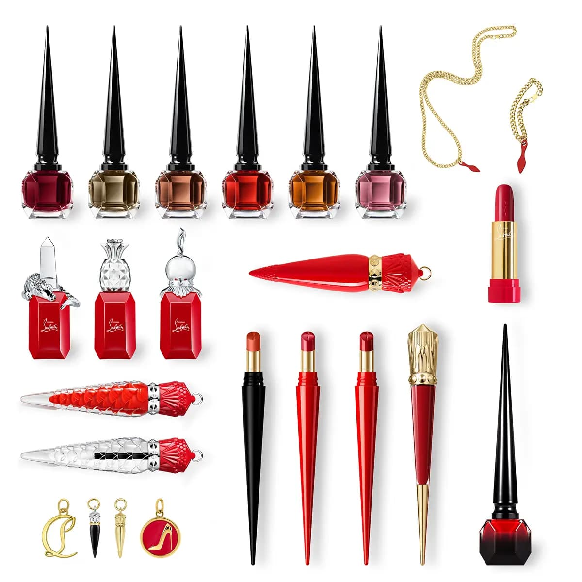 Calendar contents: six spike-capped Fétiche perfume minis, three Loubi perfume minis, red lipsticks and slimsticks, lip oils, nail colour, chains and charms