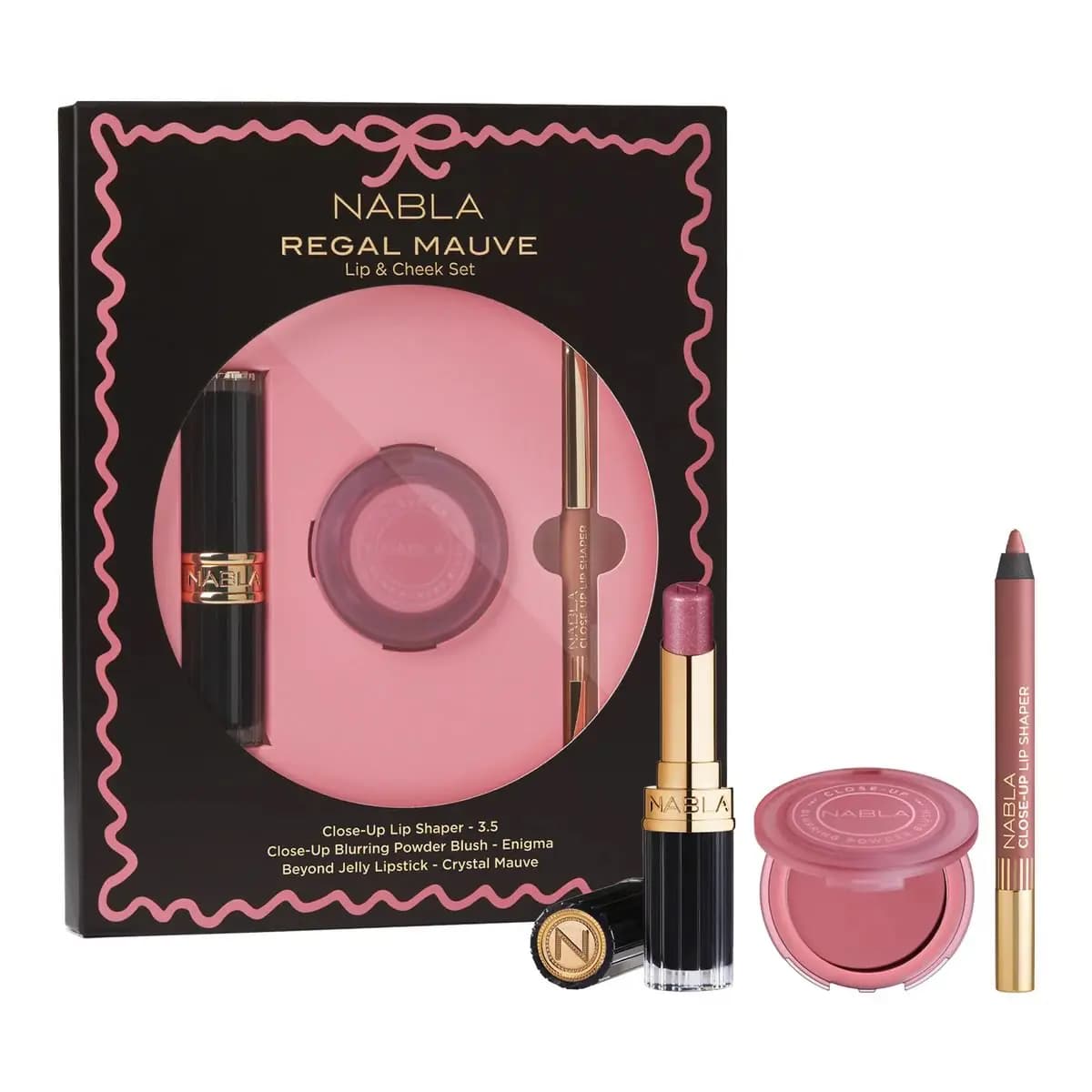 Regal Mauve Lip & Cheek Set in black box with pink window, mauve lipstick, Enigma blush and lip liner