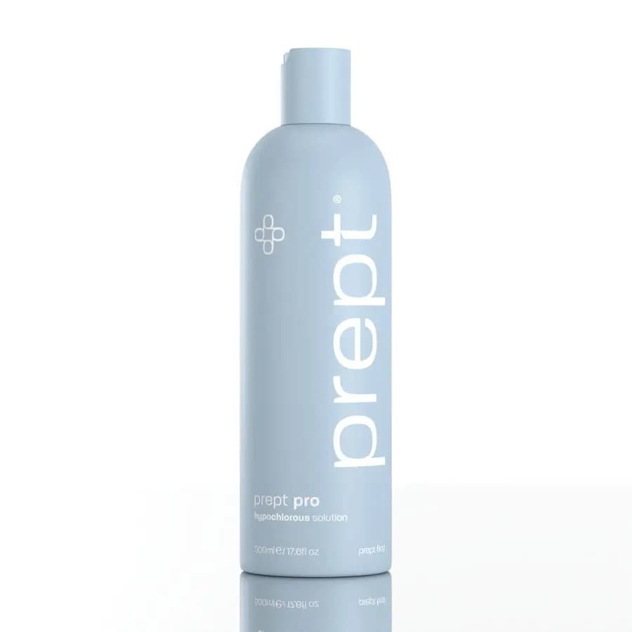 Pale blue 500ml prept pro hypochlorous solution bottle with white disc cap and vertical white logo on a white background