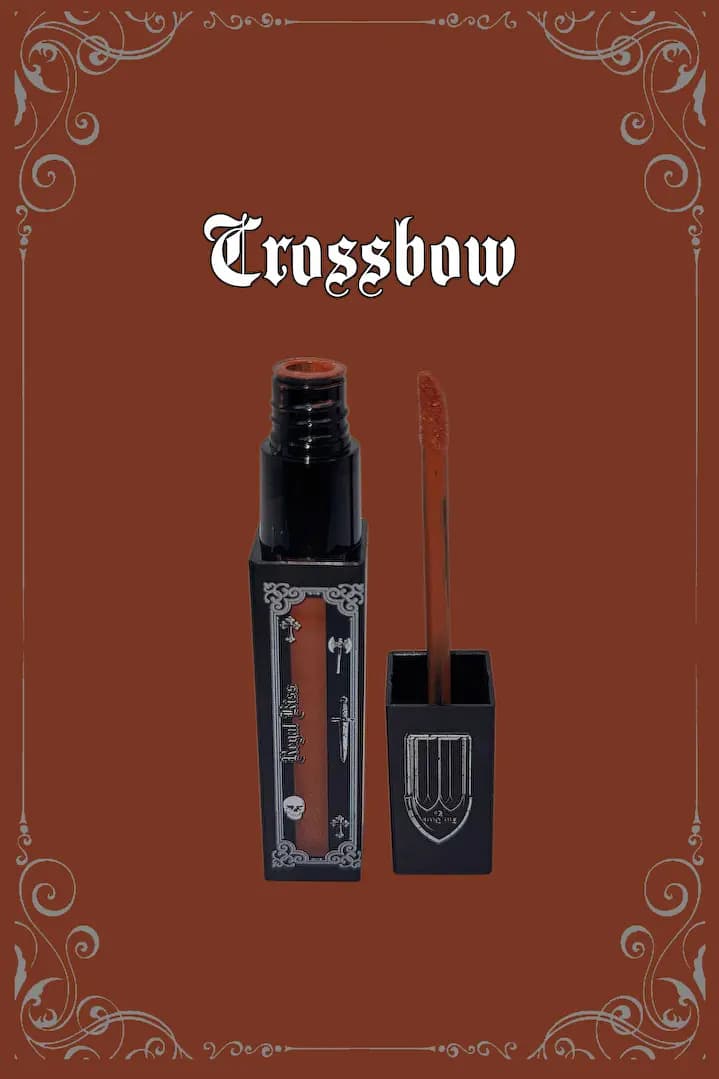 Crossbow tube open with its wand on a rust-brown background with silver scroll corners.