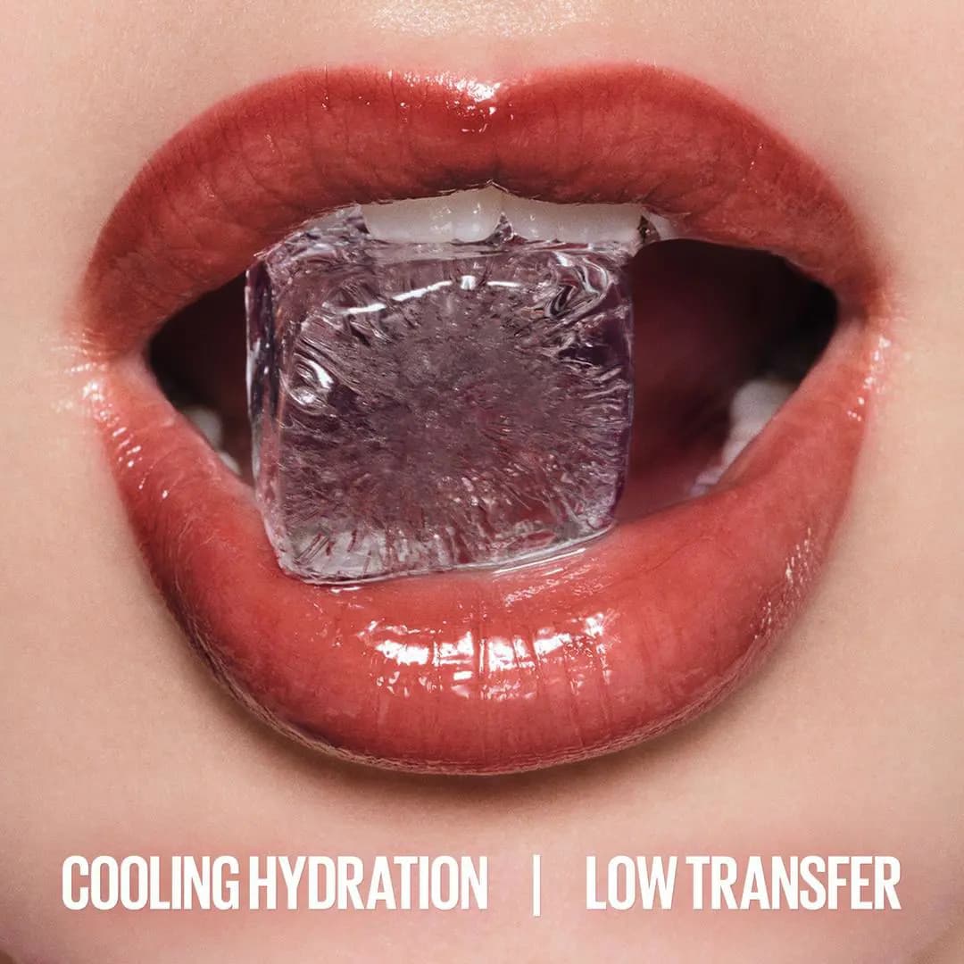 Glossy coral-red lips biting an ice cube, captioned cooling hydration and low transfer