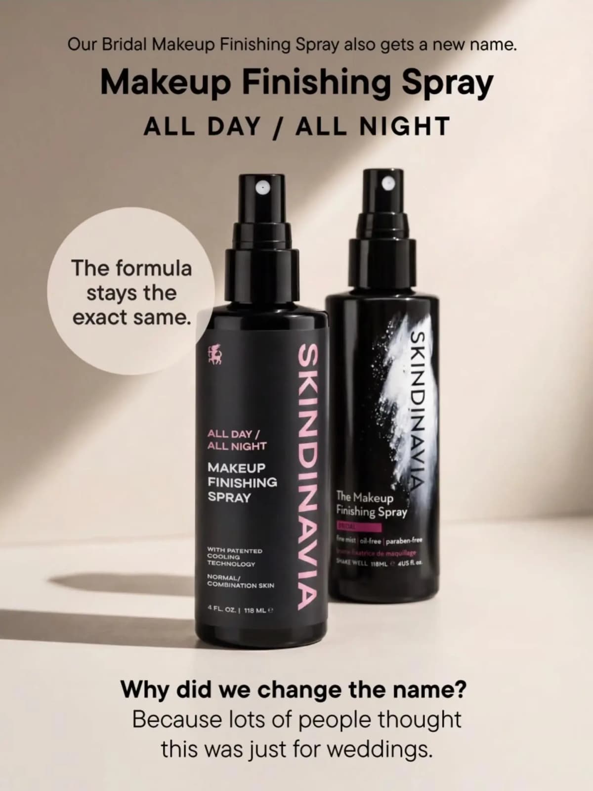 Black All Day / All Night spray with pink label beside the old Bridal bottle; the formula stays the exact same
