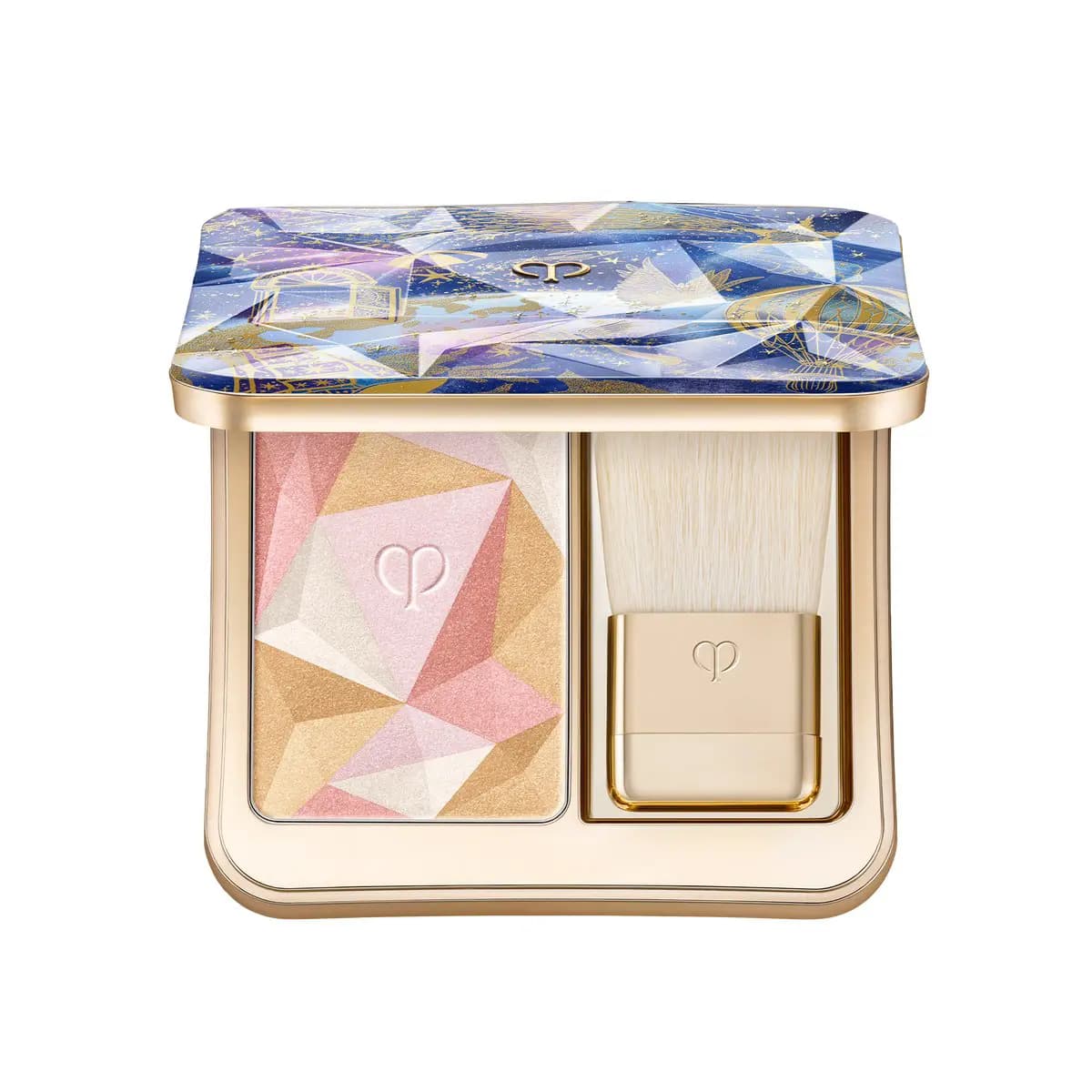 Open Luminizing Face Enhancer 112 Wishes Fulfilled with faceted pink and gold powder, brush and celestial-print gold lid