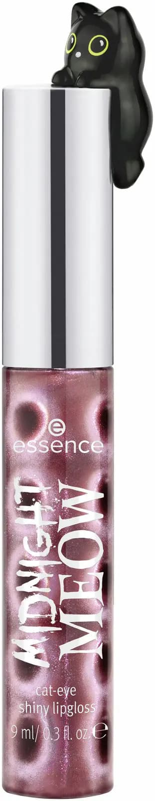 Closed berry-pink shimmer tube with a black cat clinging to the top of the silver cap, on white