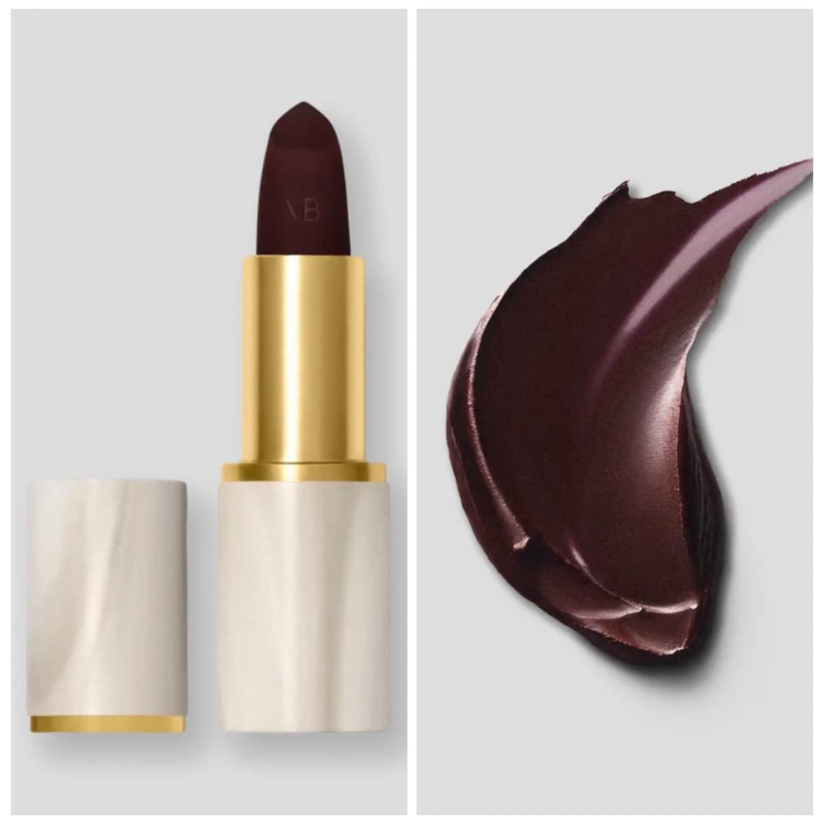 Near-black plum VB lipstick in a marbled ivory case next to a deep aubergine swatch