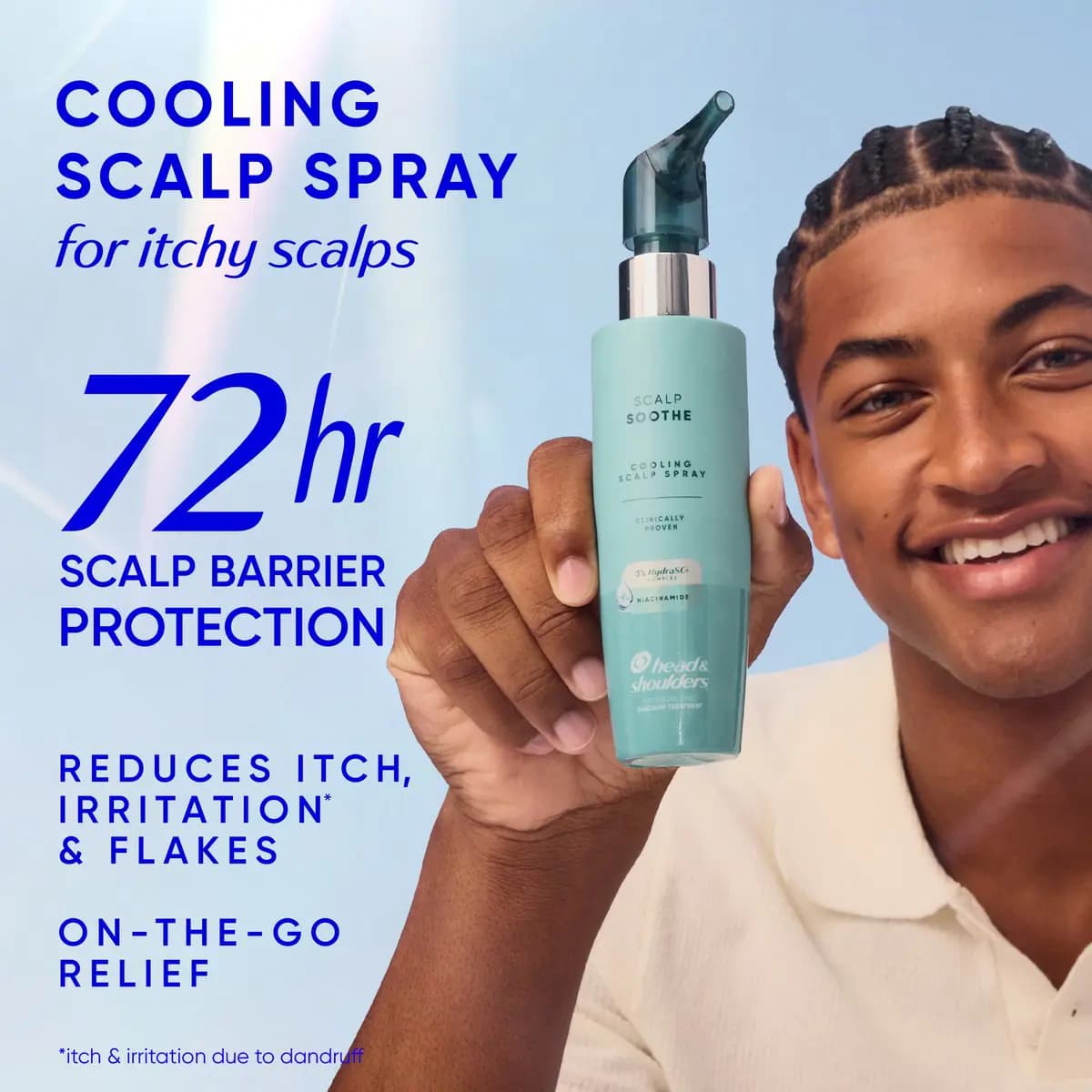 Smiling man with braids holds up the teal cooling scalp spray next to text promising 72hr scalp barrier protection