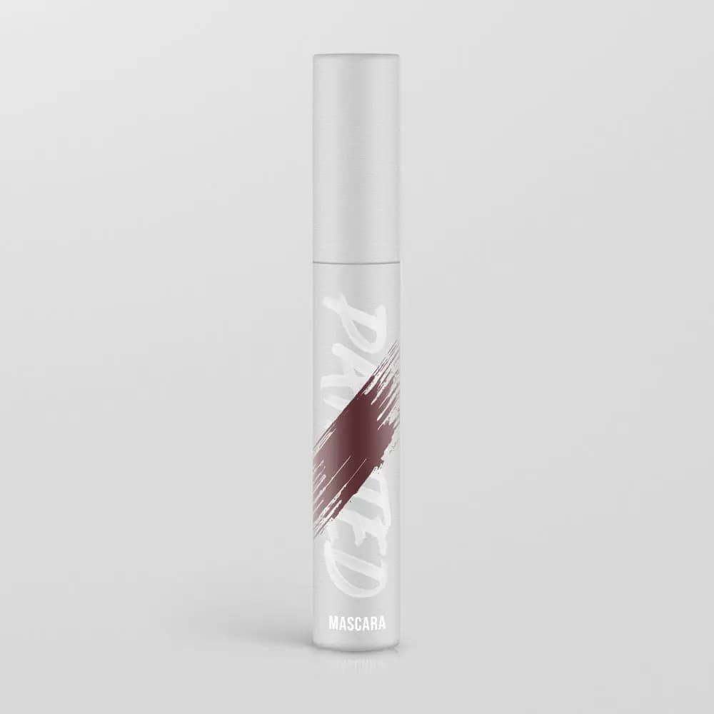 White matte mascara tube with a deep brown diagonal brush stroke across the Painted logo