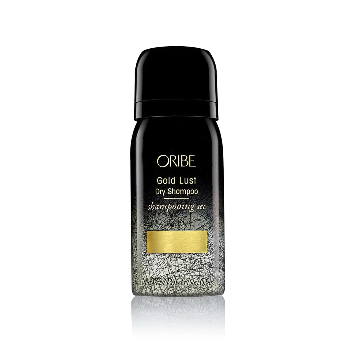 Oribe Gold Lust Dry Shampoo travel-size can in black fading to silver with a gold label