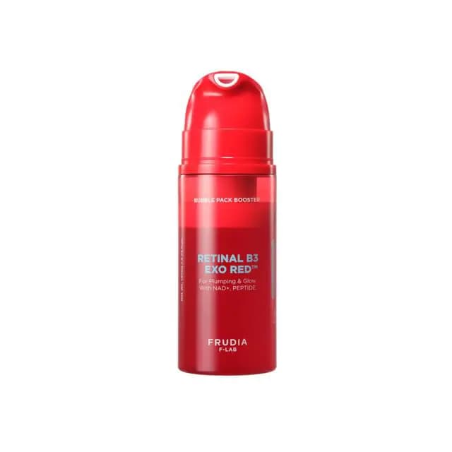 Red FRUDIA F-LAB Retinal B3 EXO RED Bubble Pack Booster pump bottle with glossy cap on a white background.