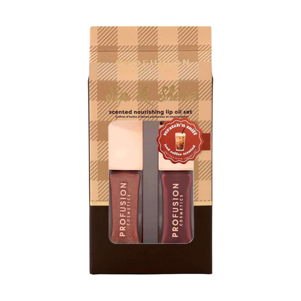 Profusion Sip & Shine scented lip oil set boxed in gingham with a nude shimmer and a deep berry oil.