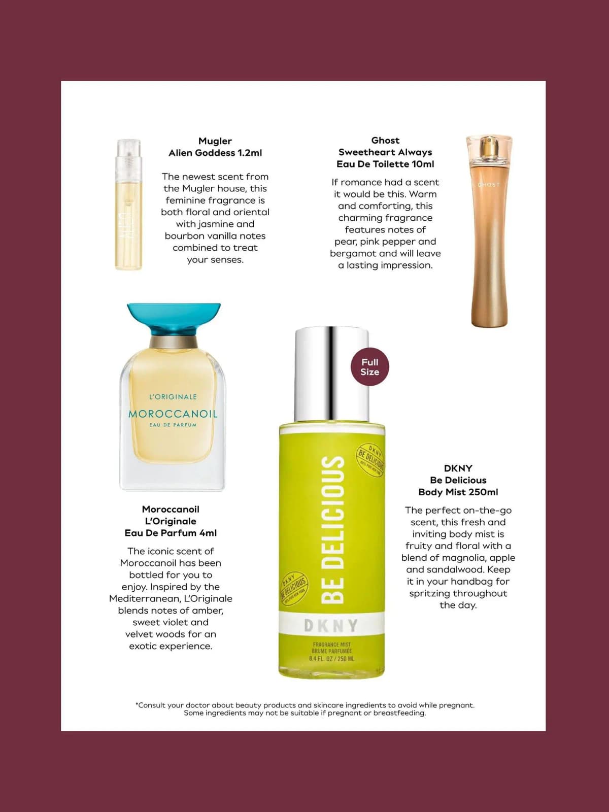 Leaflet page for Mugler Alien Goddess, Ghost, Moroccanoil and the full-size DKNY Be Delicious mist on a plum border.