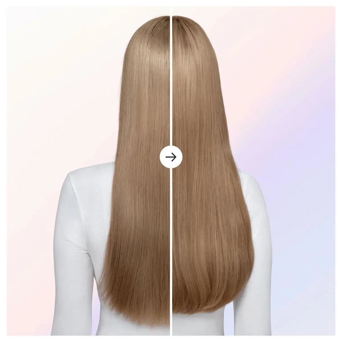 Before-and-after split of long straight blonde hair, flyaway ends on the left and smooth curved ends on the right