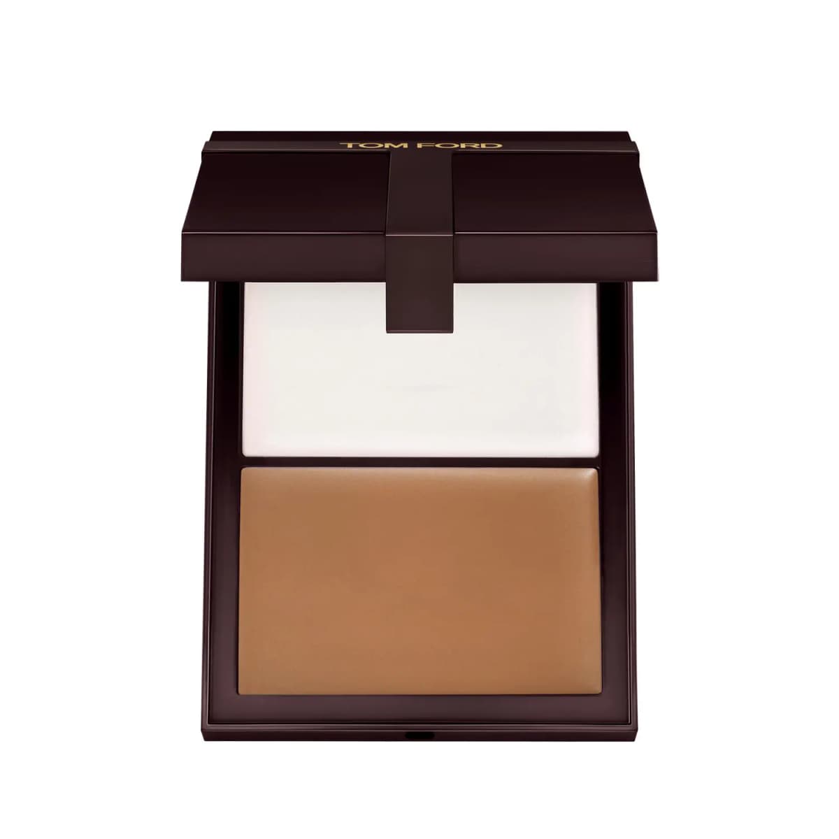 Open Tom Ford contour duo with a pearly white cream highlighter above a warm tan contour in a dark brown compact