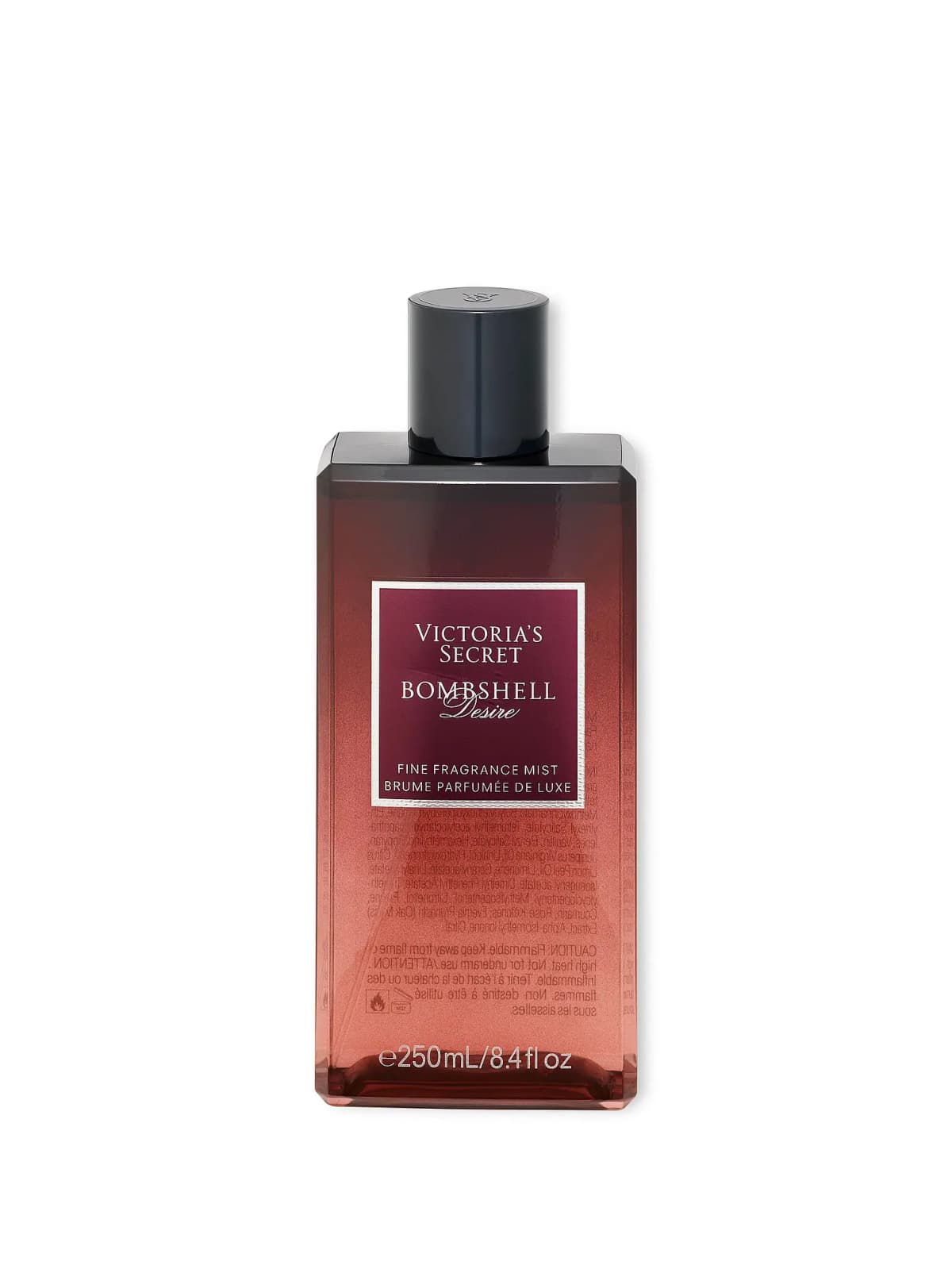 250 ml Fine Fragrance Mist in a red-brown ombré bottle with a navy cap and burgundy label