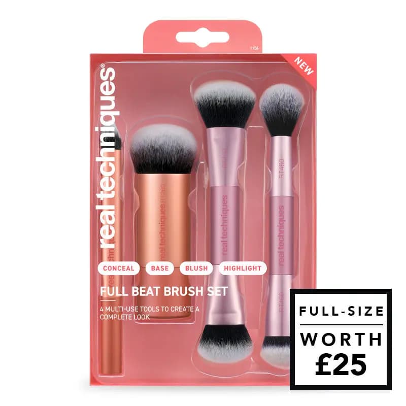 Real Techniques Full Beat brush set of four copper and pink brushes in coral pack, worth £25