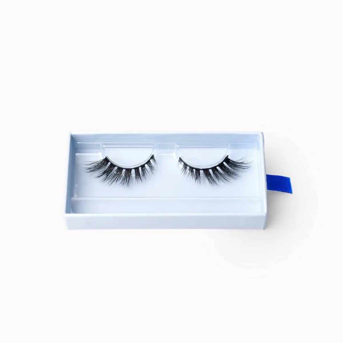 Overhead view of a natural wispy strip lash pair in a white tray with blue ribbon tab.
