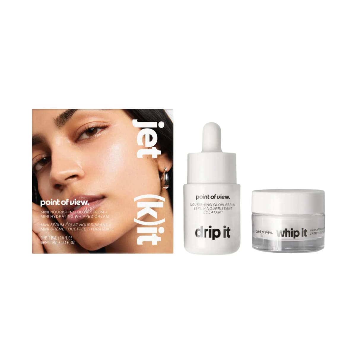 Jet (k)it box showing a glowing model beside mini drip it serum dropper bottle and whip it cream jar