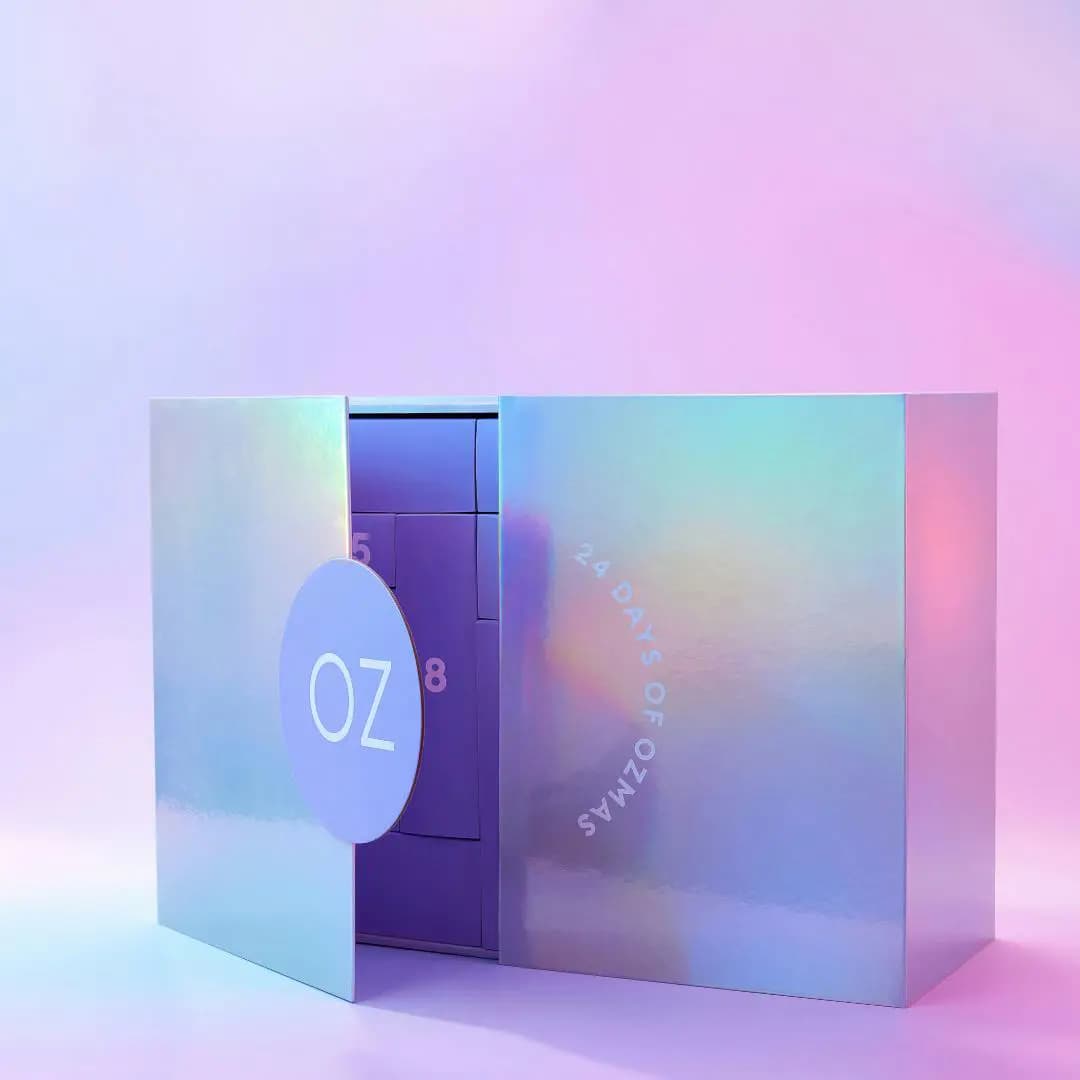 Holographic box with left door ajar, revealing purple numbered drawers inside on a pastel background