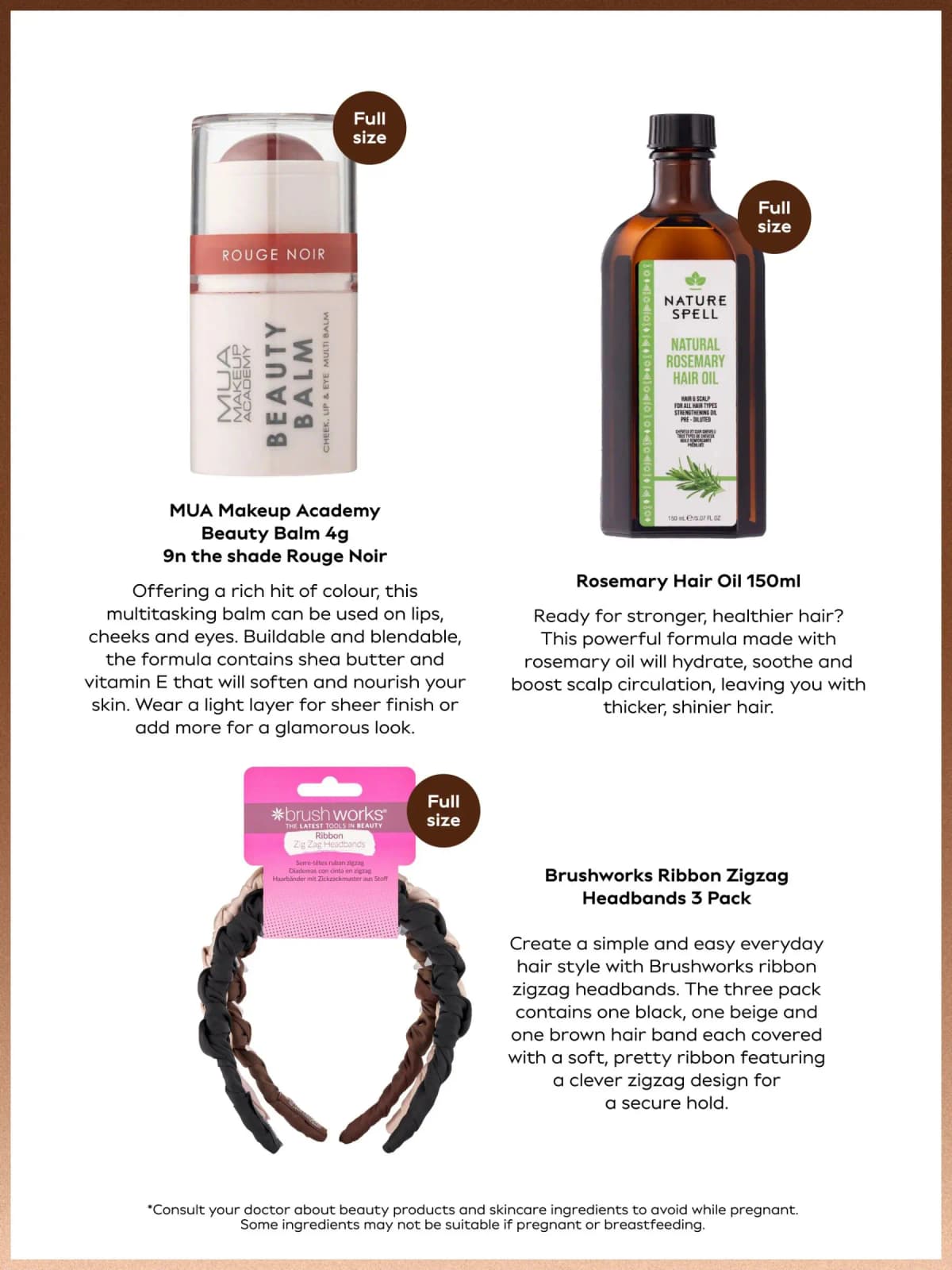 Product sheet with MUA Beauty Balm in Rouge Noir, Nature Spell rosemary hair oil and Brushworks zigzag headbands