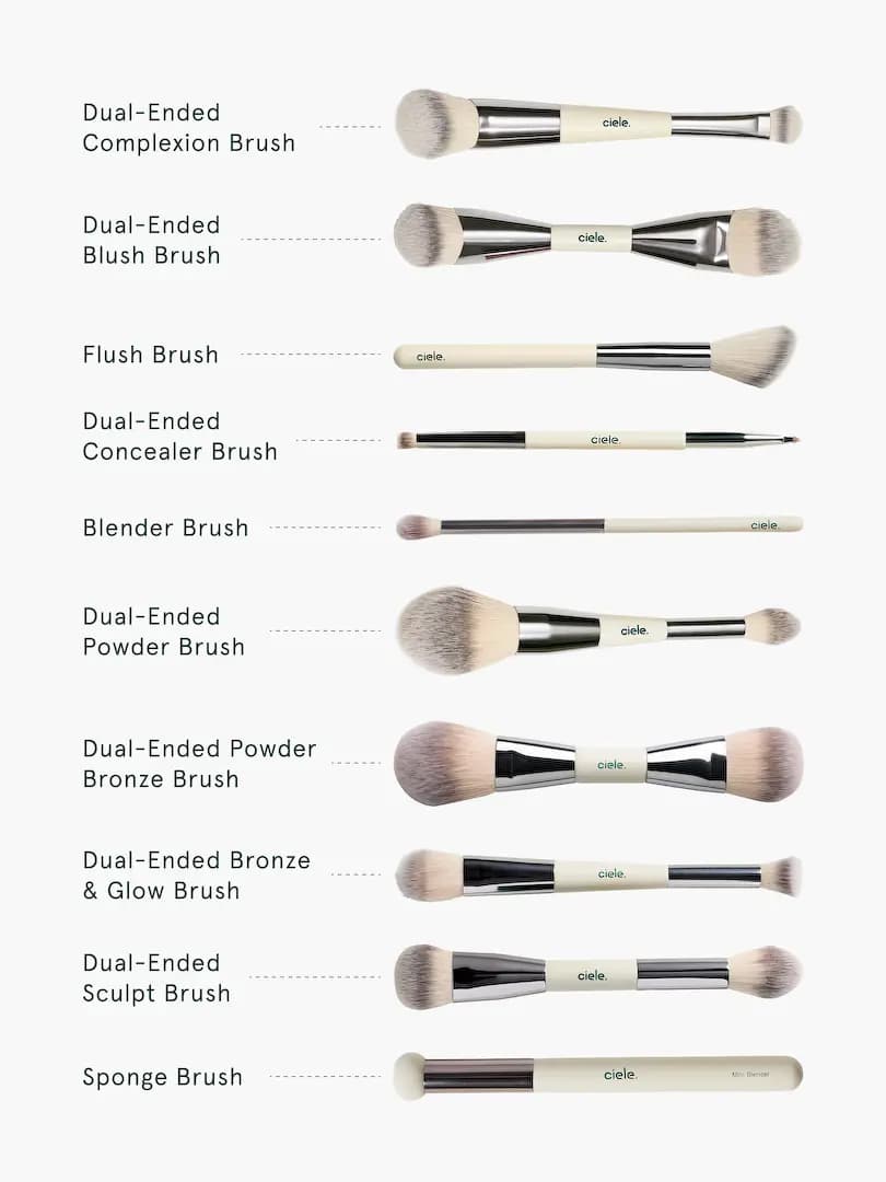 Labeled lineup of ten cream-and-silver ciele brushes, from dual-ended complexion brush to sponge brush