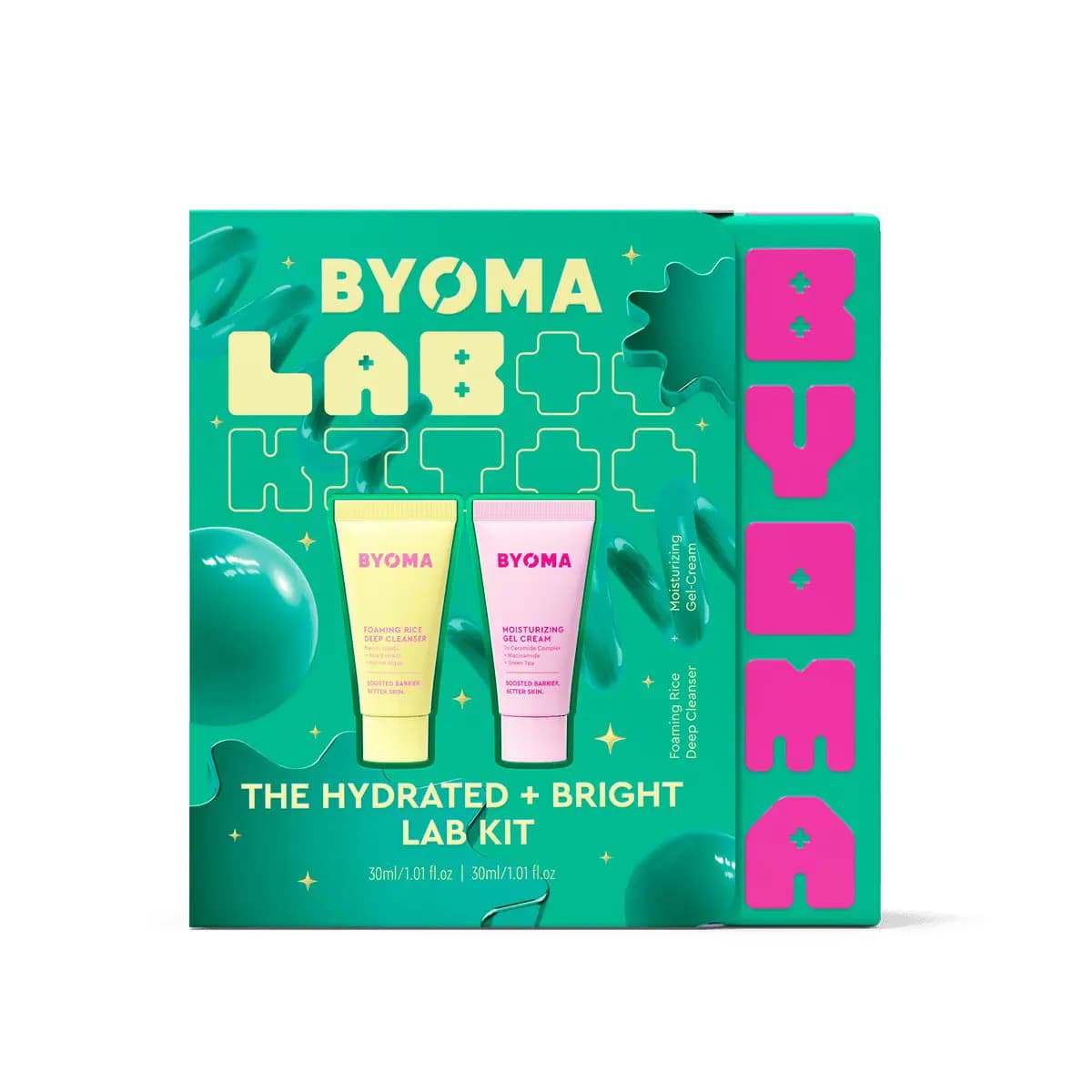 Green box for The Hydrated + Bright Lab Kit holding yellow and pink 30ml tubes