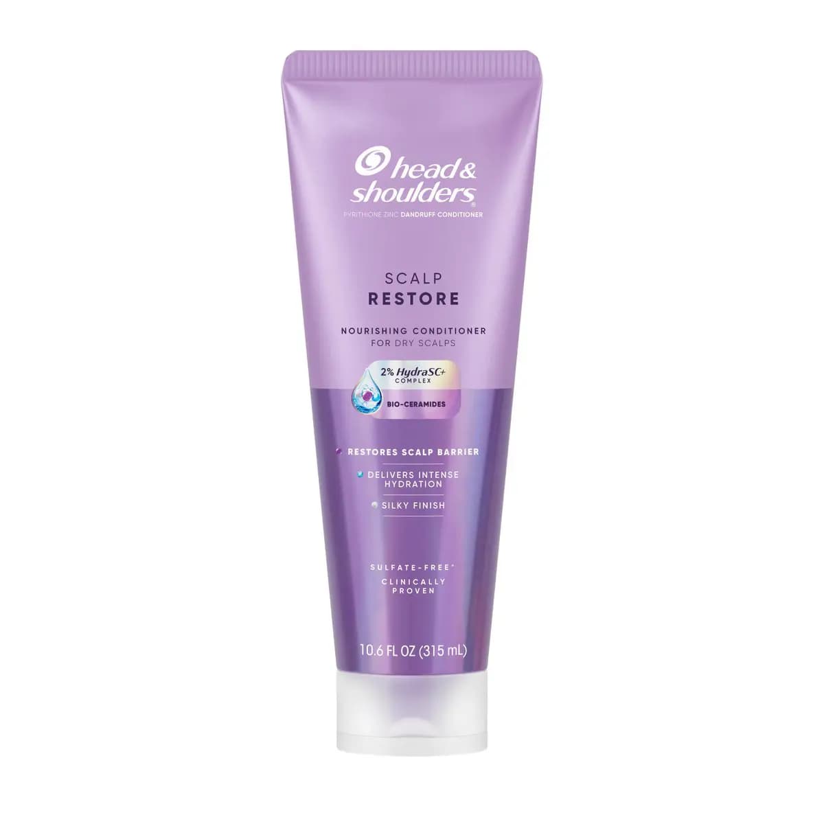 Scalp Restore Nourishing Conditioner in a lilac squeeze tube with a frosted white cap and bio-ceramides badge