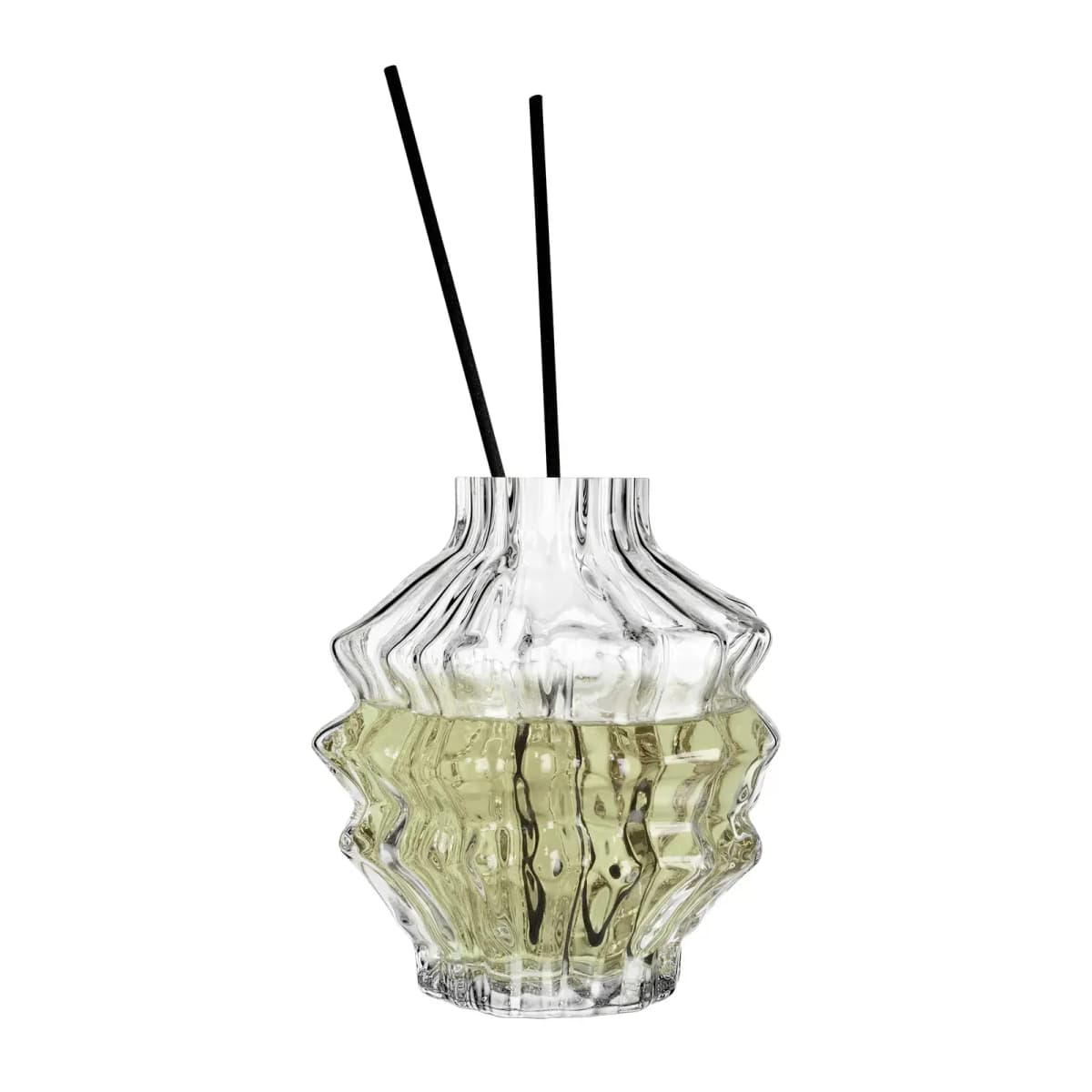 Rippled glass reed diffuser filled with pale yellow-green liquid and two black reeds