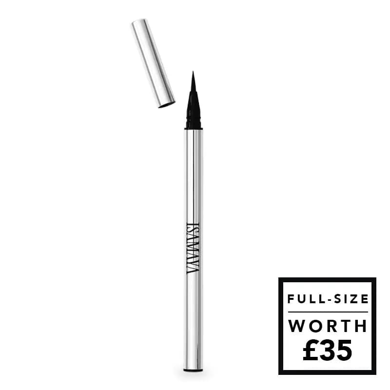 Silver Isamaya liquid eyeliner pen with fine black felt tip and cap removed, worth £35