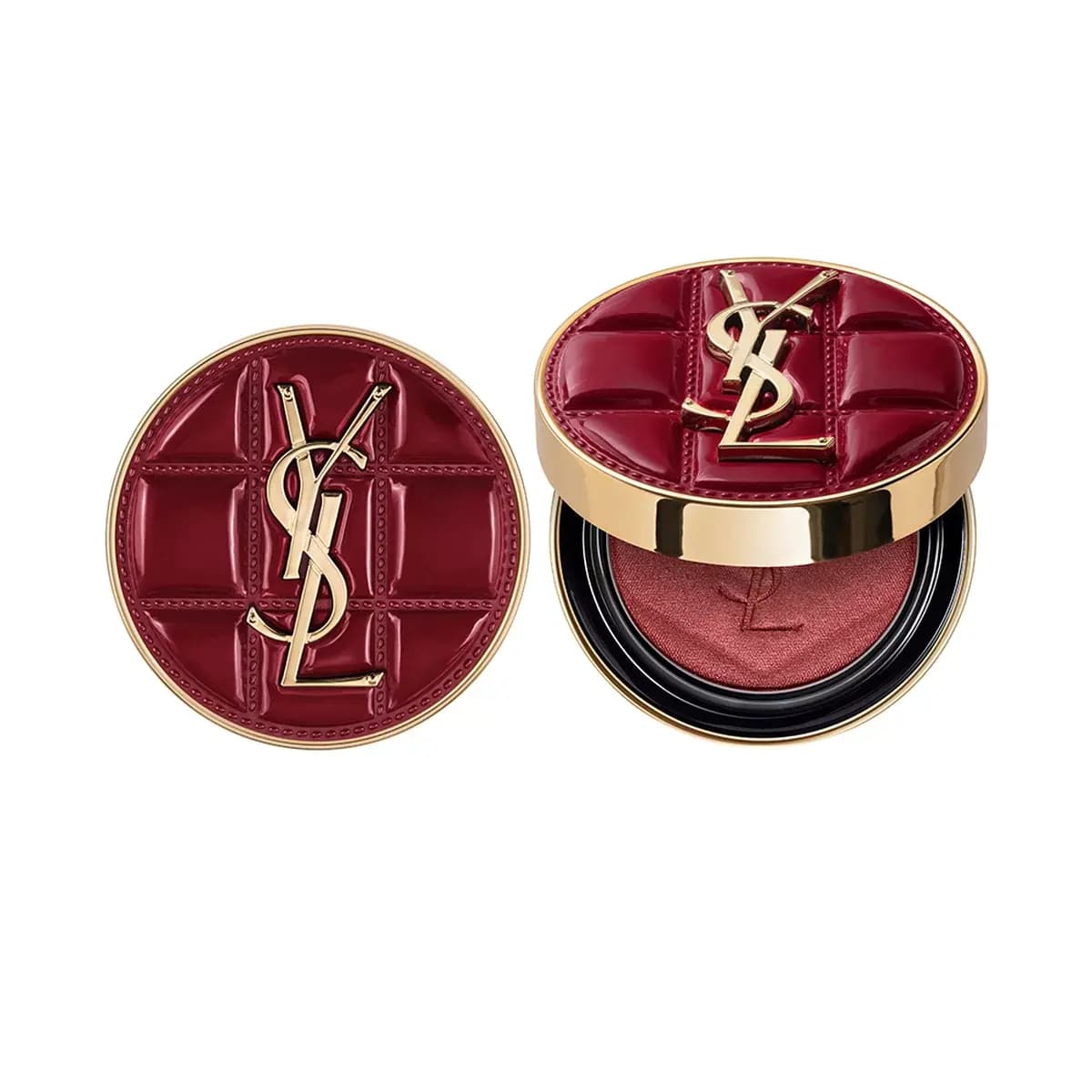 Make Me Blush Holiday Collector in #1982 Burgundy Millesime: quilted burgundy compact with gold YSL logo, shown closed and open