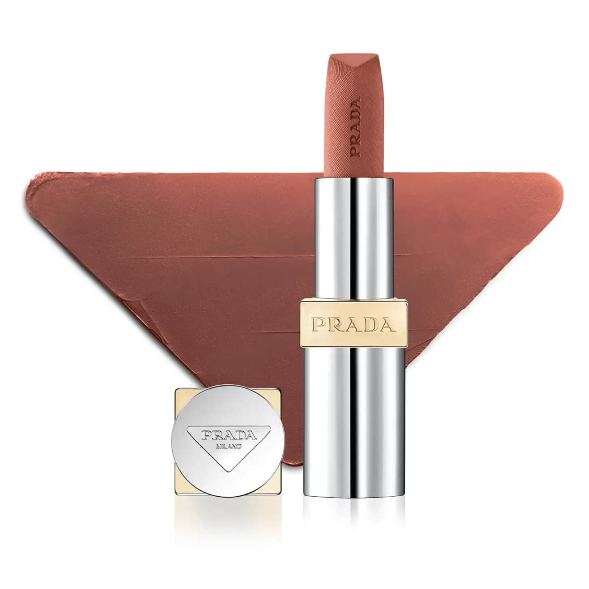 Matte terracotta-brown lipstick in silver tube with gold band and cap, set against a triangular swatch