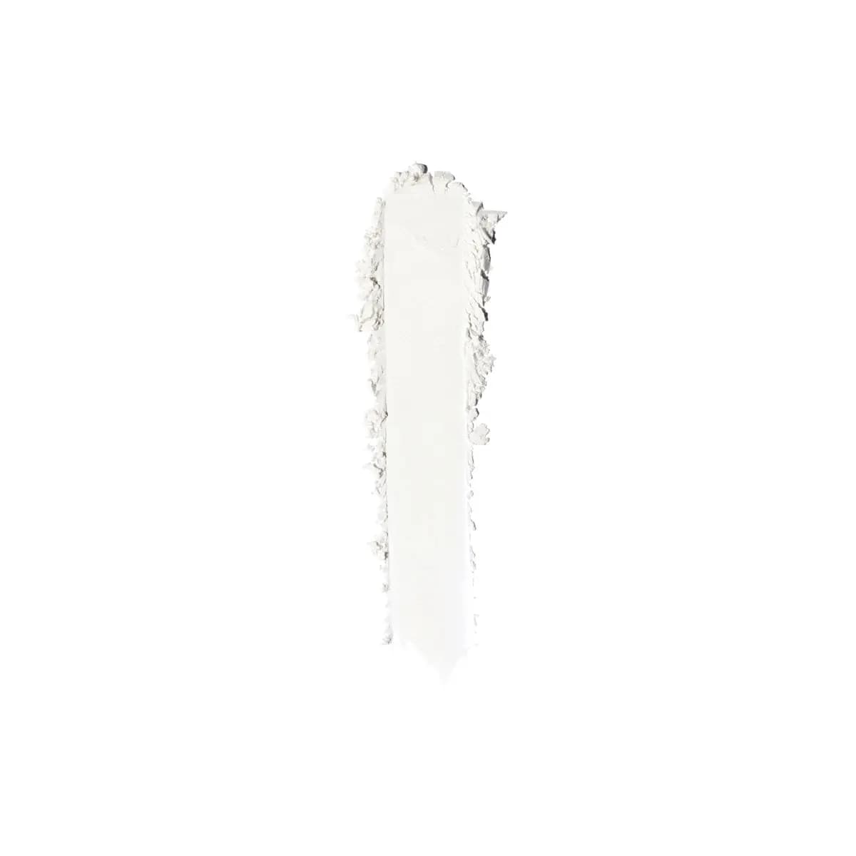 Vertical swatch of white loose powder pressed into a smooth stripe on a white background
