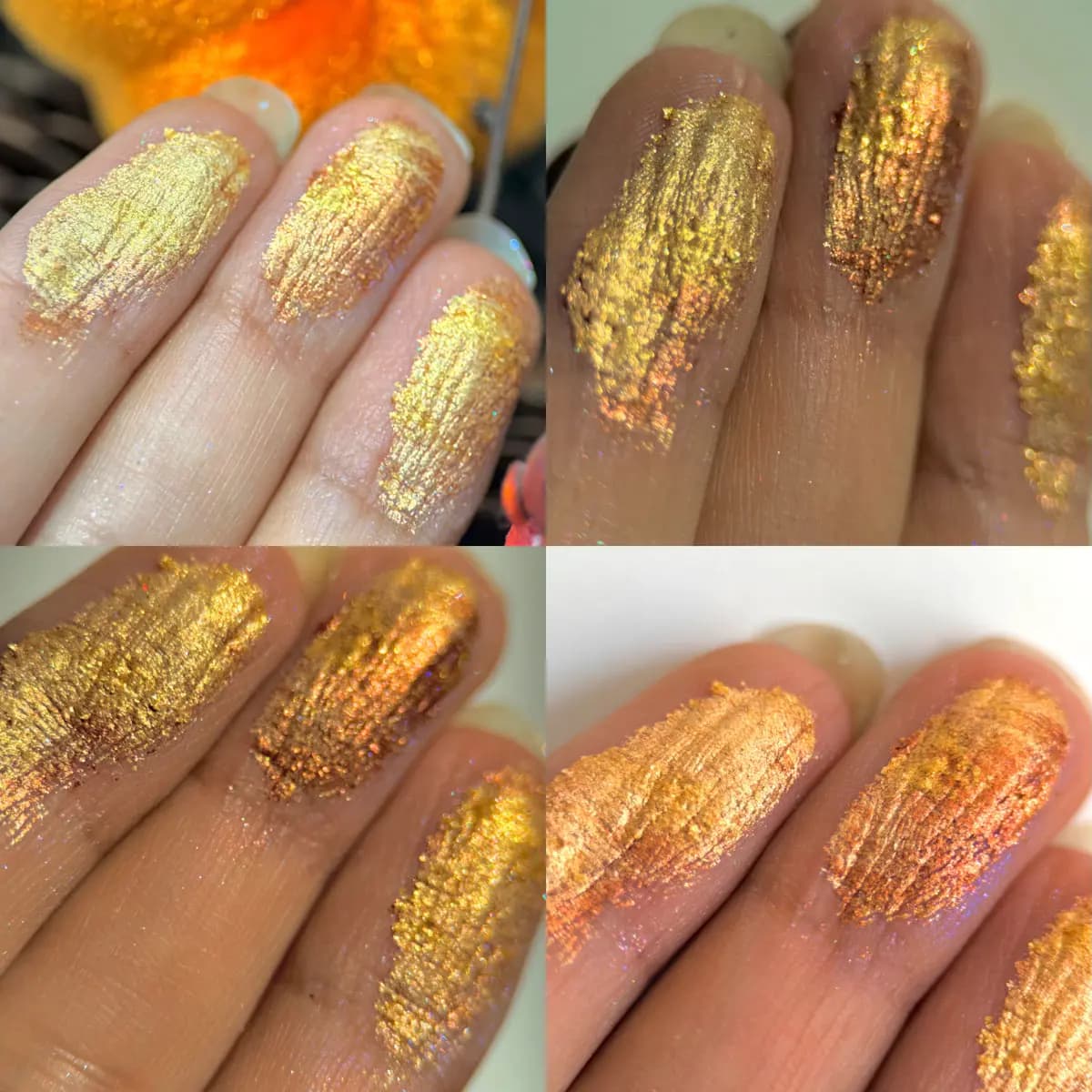 Four-photo collage of gold, copper and peach metallic highlighter finger swatches