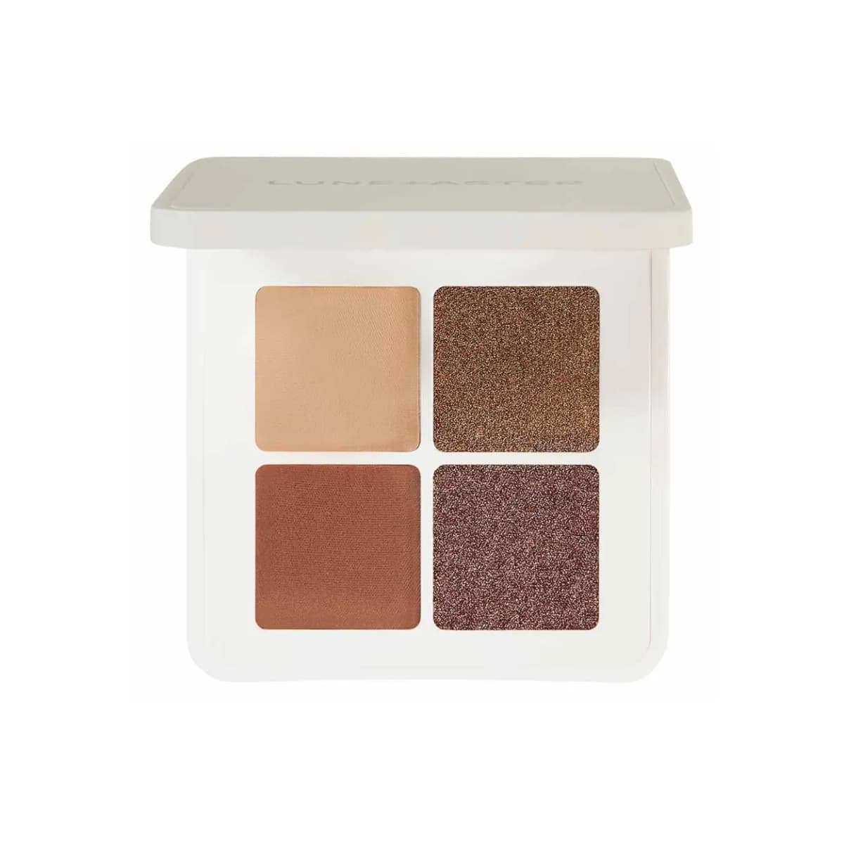 White Eyeshadow Quad in warm tones: matte beige, shimmering bronze, matte caramel and sparkly rosy brown