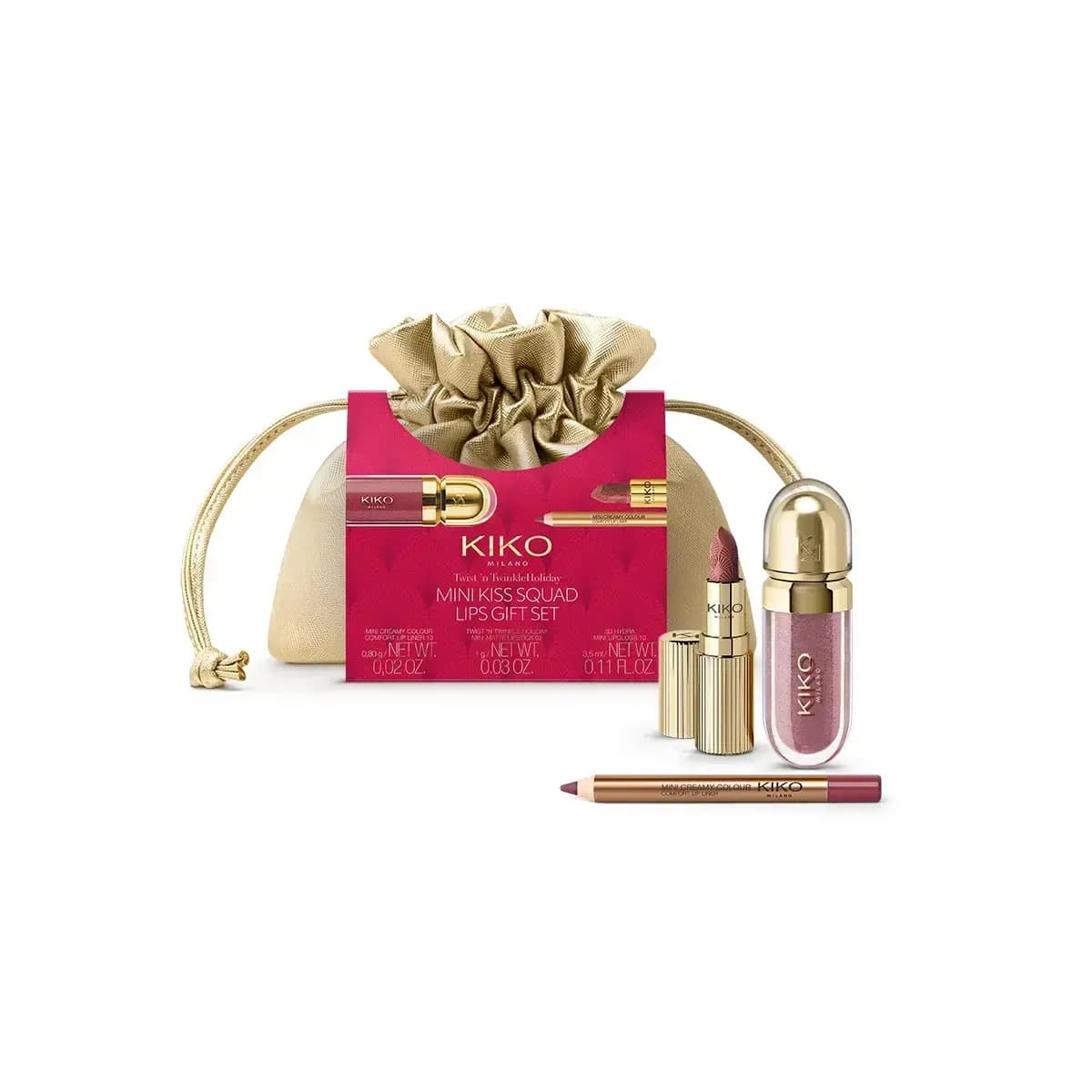 KIKO Mini Kiss Squad Lips Gift Set: gold pouch with mini matte lipstick, mauve 3D Hydra gloss and lip liner