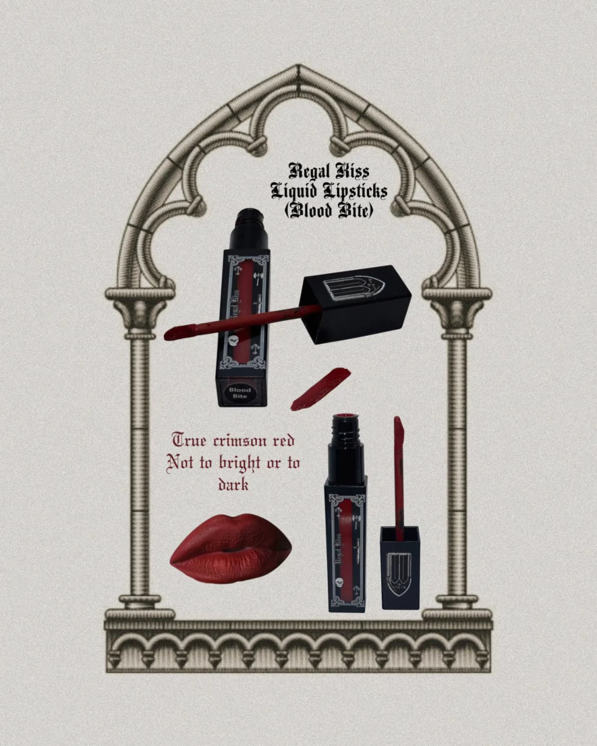 Blood Bite tube, wand, swatch and matte crimson lips framed by a sketched Gothic arch, described as true crimson red.