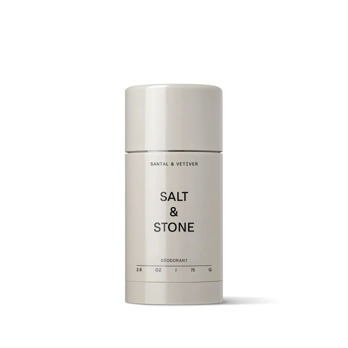 Grey Santal & Vetiver deodorant stick, 2.6 oz / 75 g, with black sans-serif label on white background