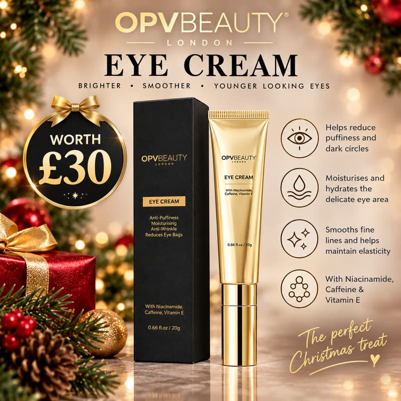 OPV Beauty gold Eye Cream tube and black box with £30 worth tag and benefits list on festive background.